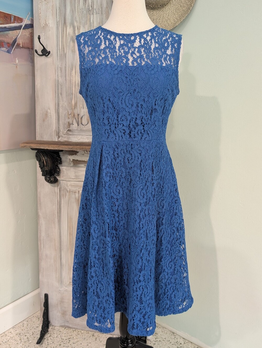 Calvin Klein Royal Blue Sleeveless Lace Fit & Flare Dress